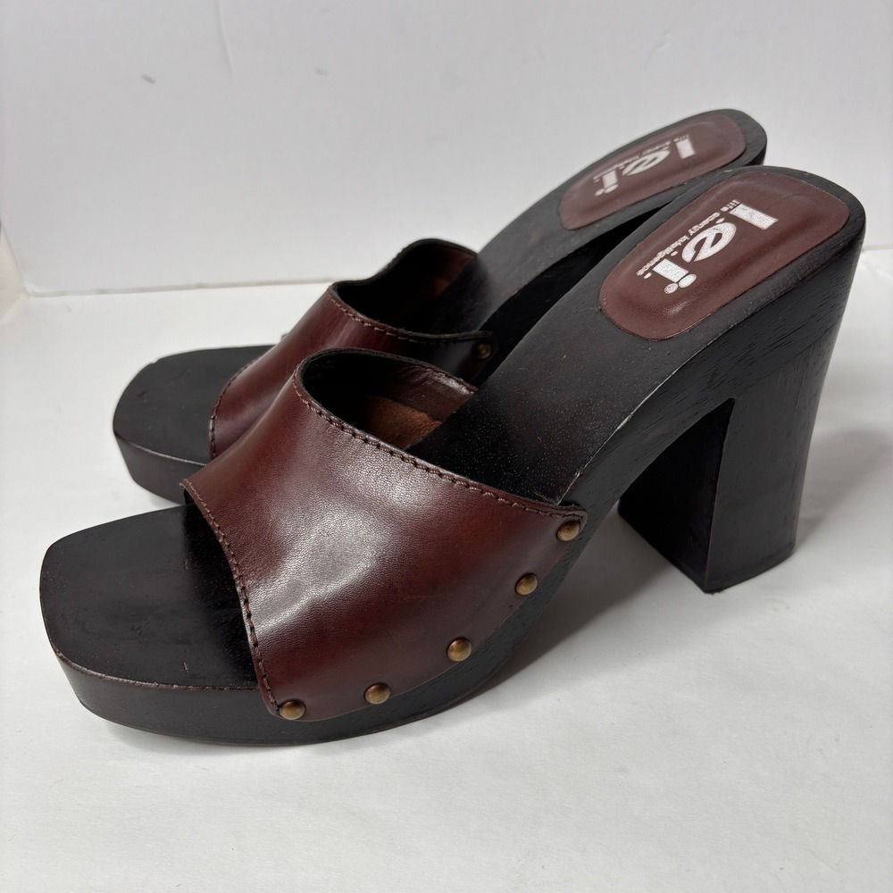 VTG Y2K LEI Brown Wood Leather Chunky Platform Heel Sandals Square Toe 8.5 Studs